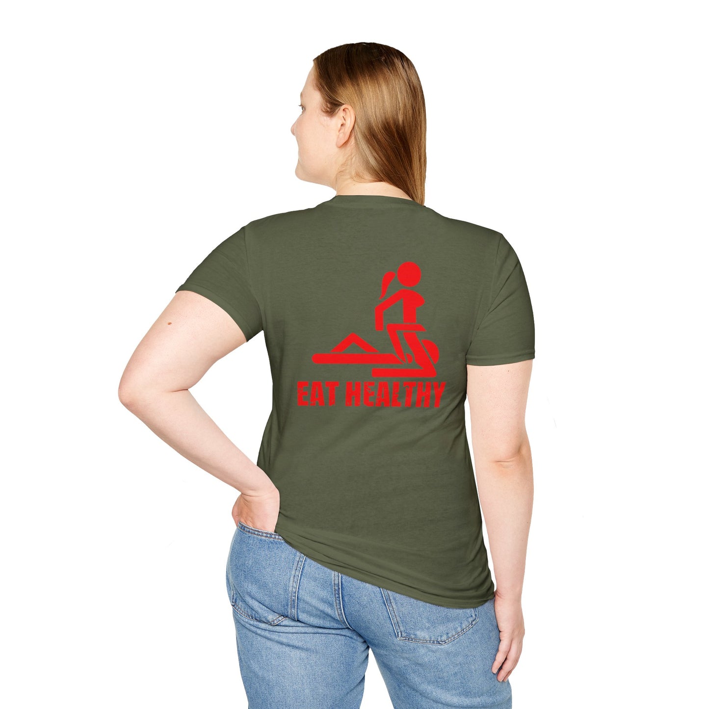 Eat health tee in red text