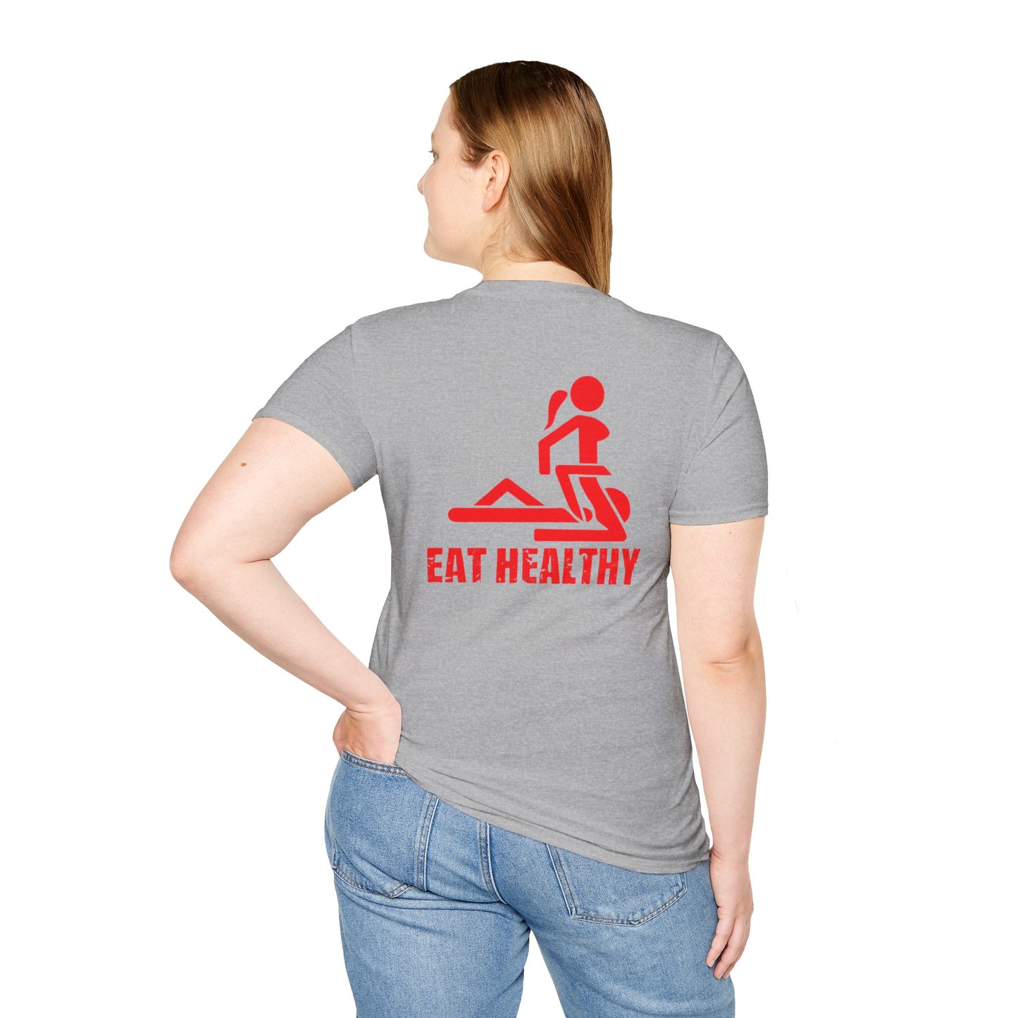 Eat health tee in red text